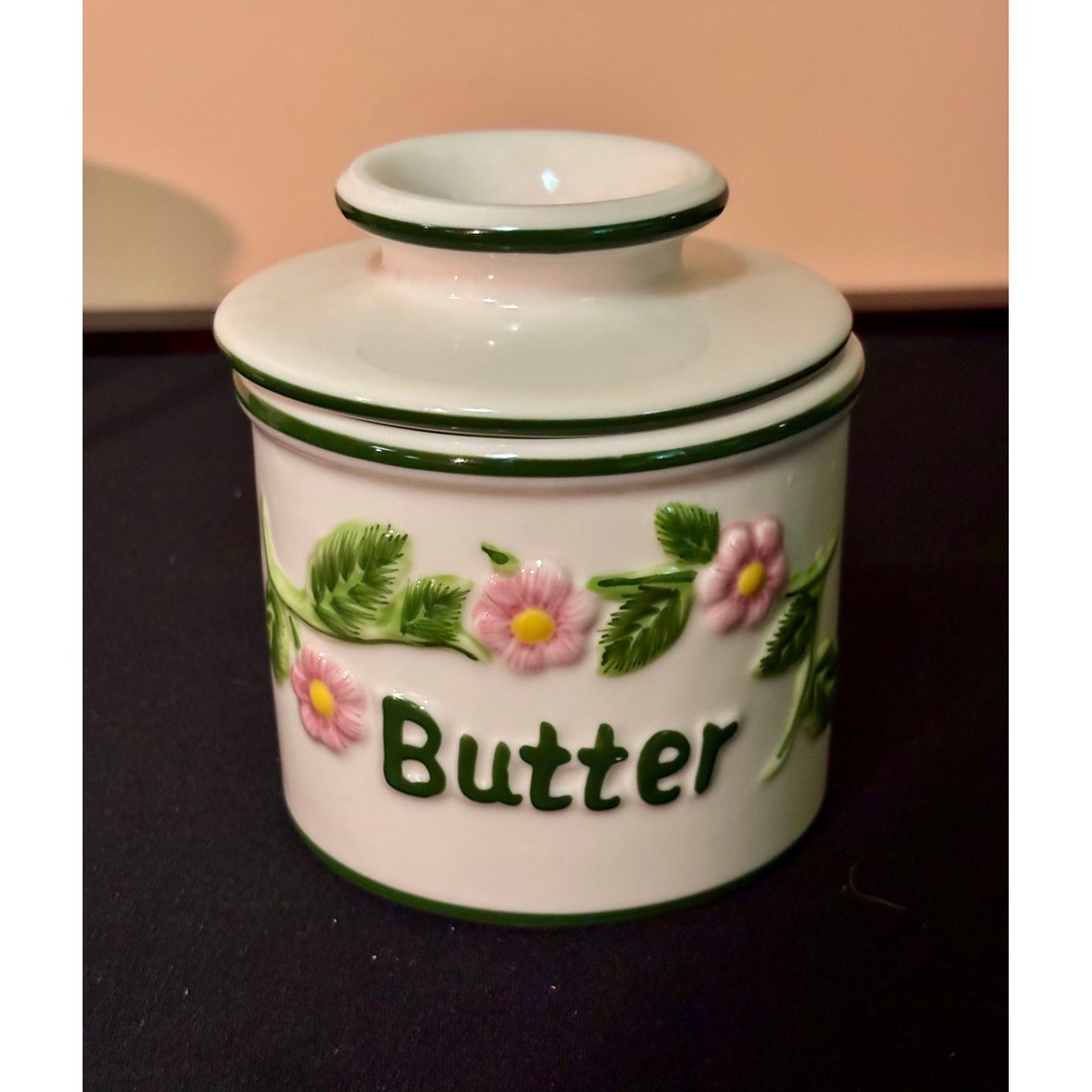 Butter Bell Crock L Tremain Floral Ceramic Butter Dish Beurre White Green Pink